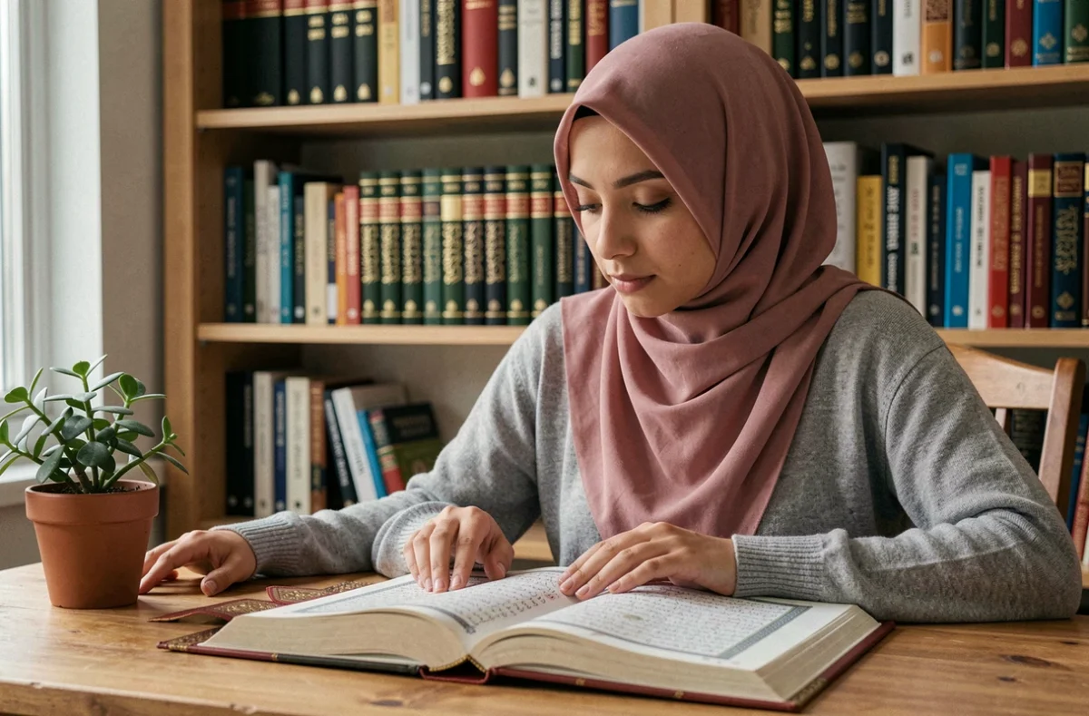Jeune femme voilée lisant un Coran bilingue arabe-français, illustrant la question de la compréhension de la sourate Al Mulk