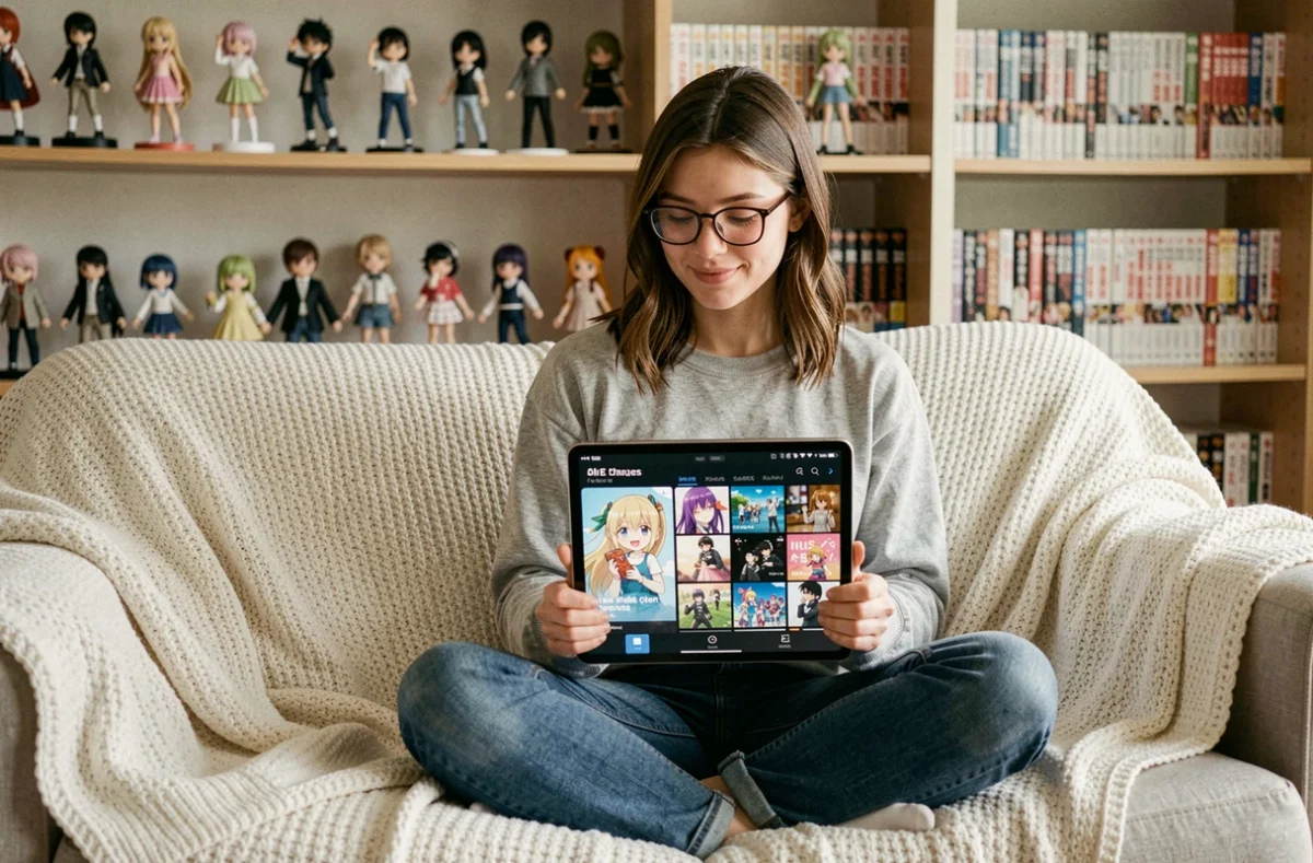 Jeune femme consultant la liste complète des épisodes de Fairy Tail sur une tablette