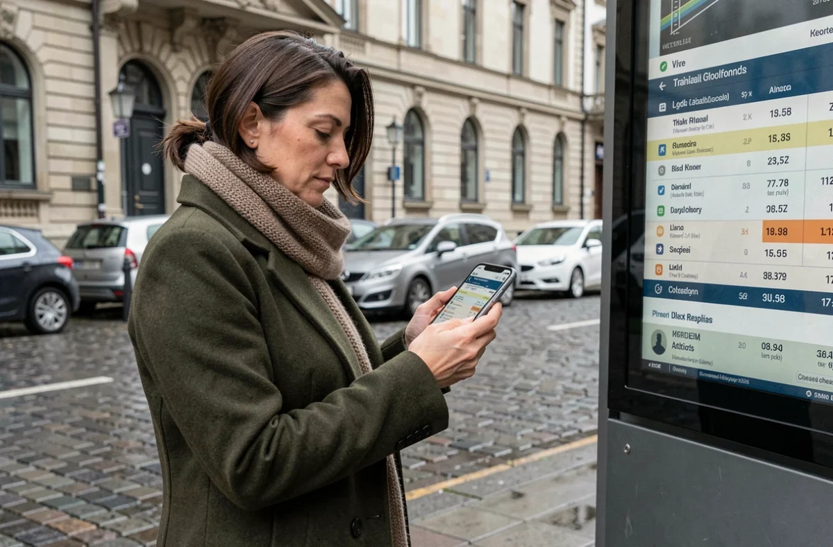 Femme debout dans la rue consultant l'horaire en direct du bus 378 sur son smartphone pr&egrave;s d'un panneau d'information