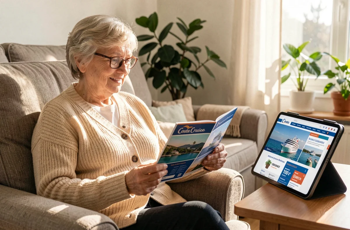 Femme senior comparant des offres de croisi&egrave;re Costa avec brochure et tablette num&eacute;rique