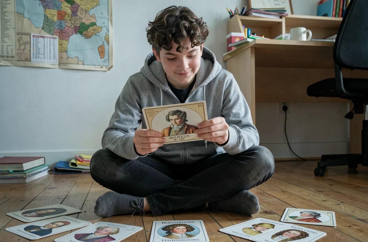 Adolescent apprenant la liste des rois de France gr&acirc;ce &agrave; des fiches mn&eacute;motechniques illustr&eacute;es