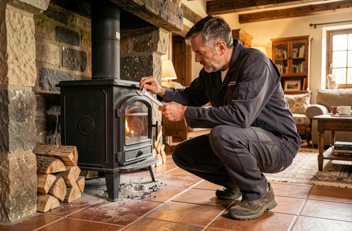 Technicien Flamme 2DS installant un insert &agrave; bois dans une chemin&eacute;e en pierre dans le Tarn