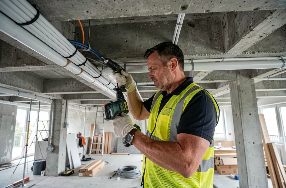 Technicien Flash Elec installant des conduits &eacute;lectriques et de plomberie dans un b&acirc;timent commercial en r&eacute;novation