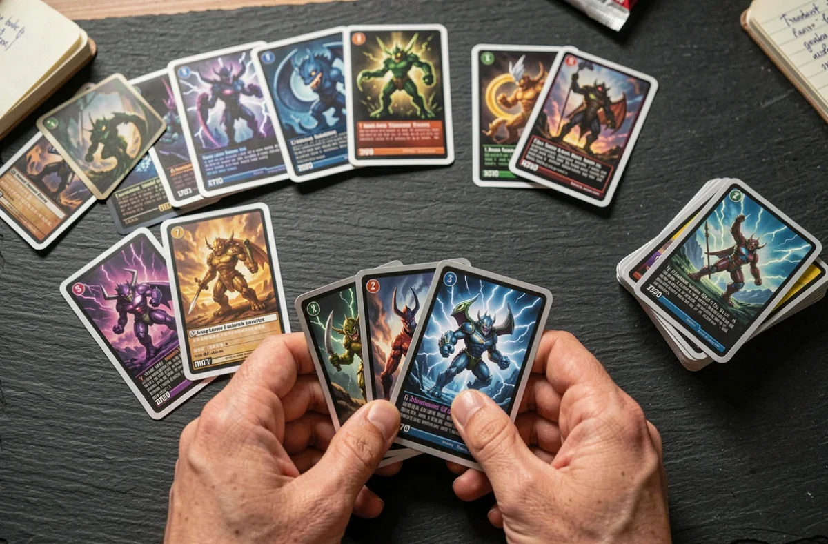 Vue a&eacute;rienne de cartes de l'extension EV08 &Eacute;tincelles D&eacute;ferlantes dispos&eacute;es en &eacute;ventail sur une table avec textures holographiques visibles