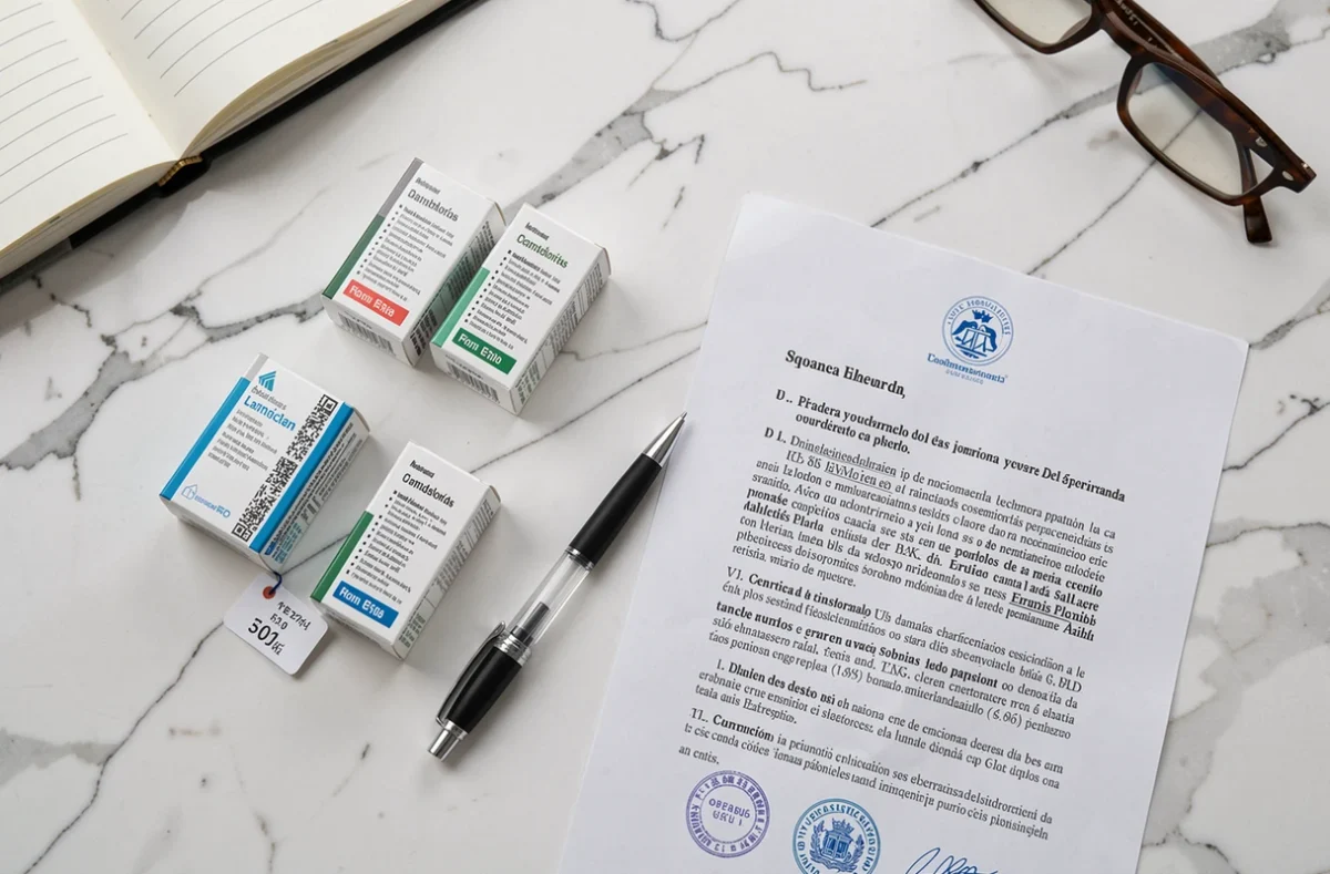 Vue a&eacute;rienne de cartouches de m&eacute;dicaments avec &eacute;tiquettes de prix et documents l&eacute;gaux espagnols sur marbre blanc