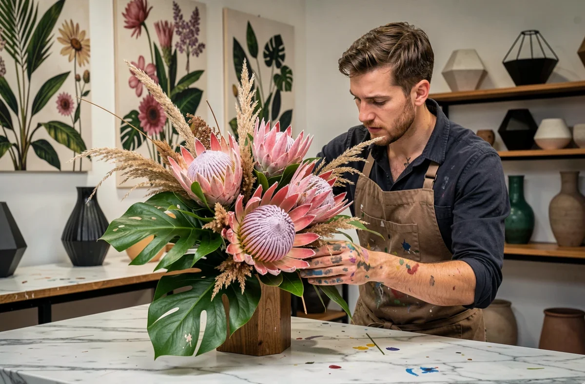 Fleuriste créatif de Fleurs de Mars à Angers composant un bouquet avant-gardiste avec des protéas et des herbes séchées sur un plan de travail en marbre blanc