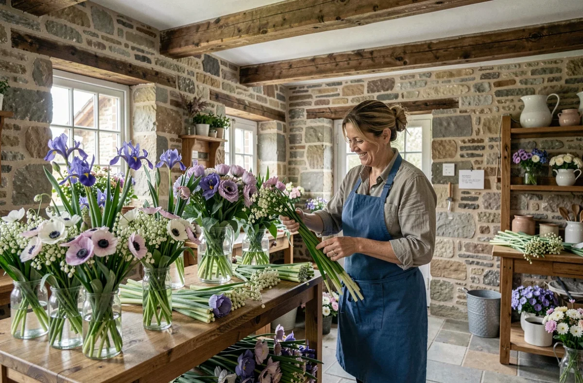 Int&eacute;rieur champ&ecirc;tre de Fleurs De Salm &agrave; Senones avec iris et muguet arrang&eacute;s sur une table en ch&ecirc;ne