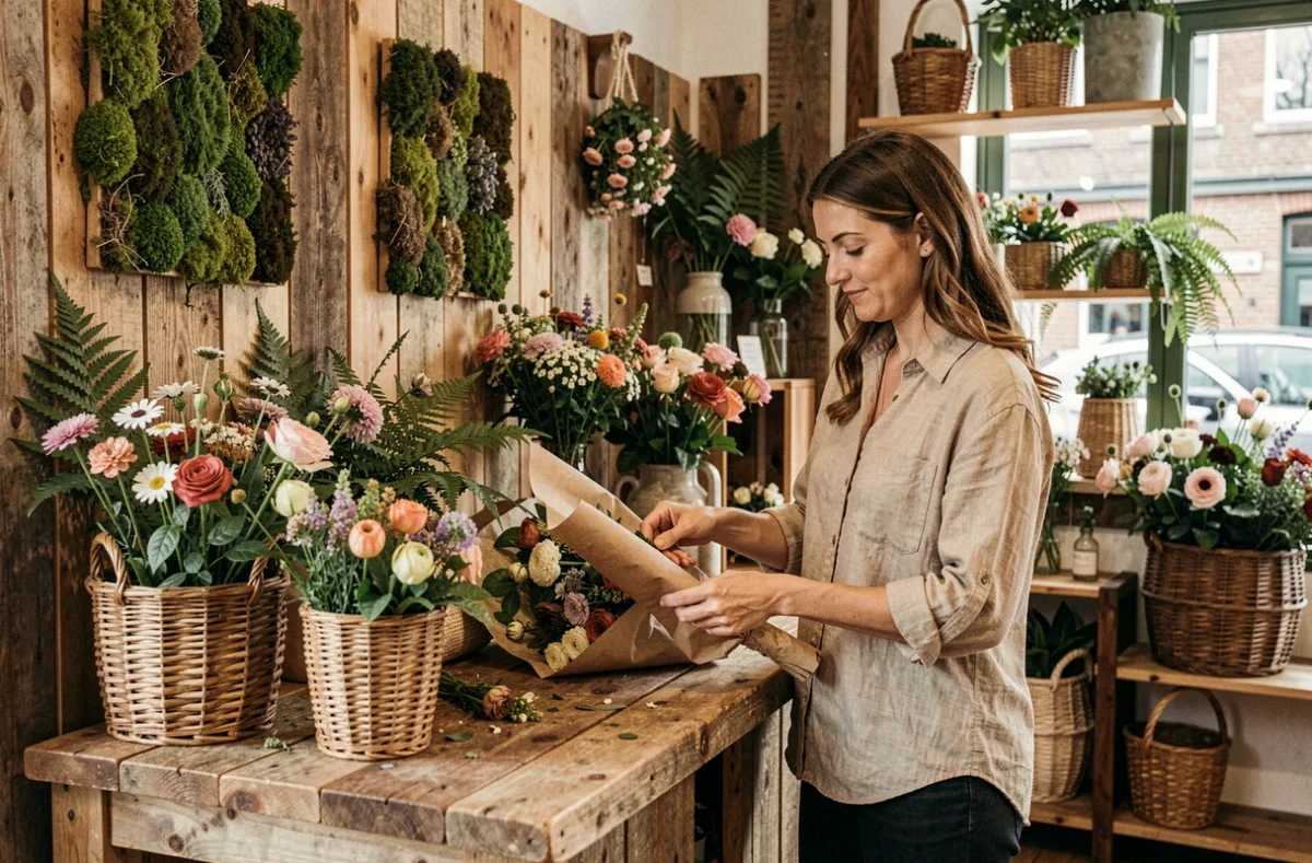 Intérieur naturel et végétal du fleuriste Fleurs Ô Naturel à Cholet avec une fleuriste emballant un bouquet botanique sur un comptoir en bois brut