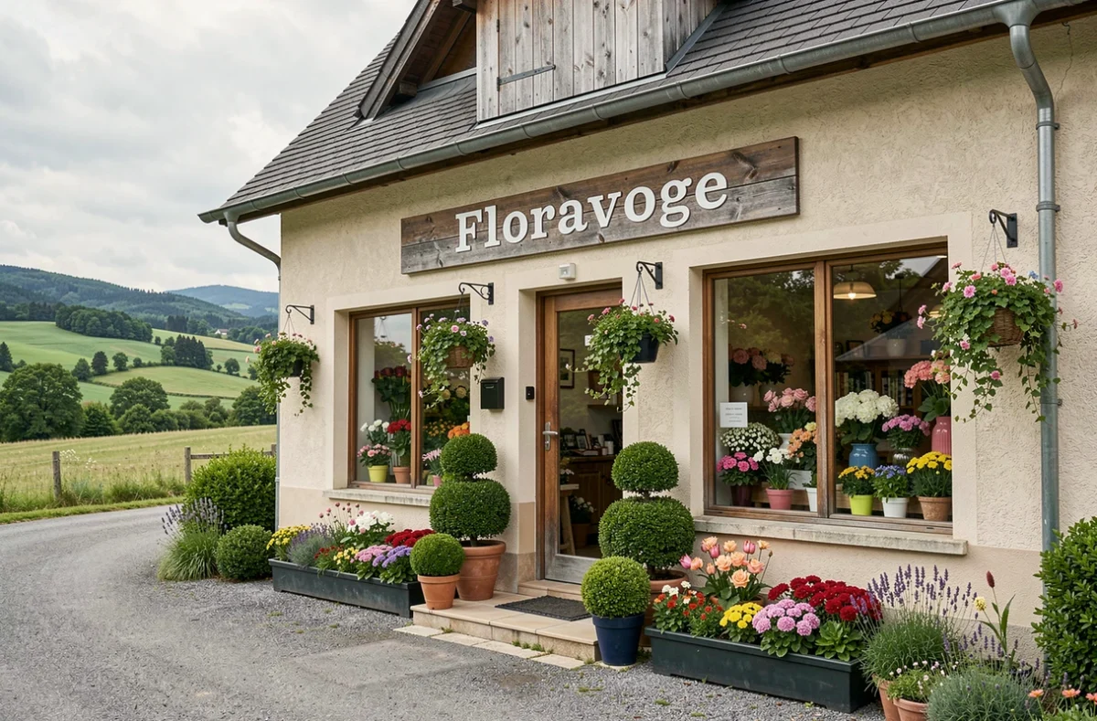 Fa&ccedil;ade de Floravoge SAS &agrave; Dounoux avec des compositions florales dans les vitrines et la campagne vosgienne en arri&egrave;re-plan