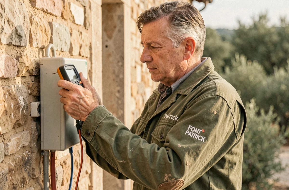 &Eacute;lectricien Font Patrick testant une connexion &eacute;lectrique ext&eacute;rieure sur un mur en pierre typique du sud de la France pr&egrave;s de Montpellier