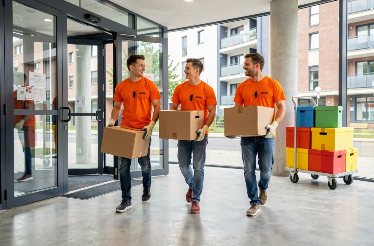 Trois jeunes d&eacute;m&eacute;nageurs en t-shirts orange avec logo fourmi portant des cartons color&eacute;s hors d'un immeuble moderne &agrave; Angers