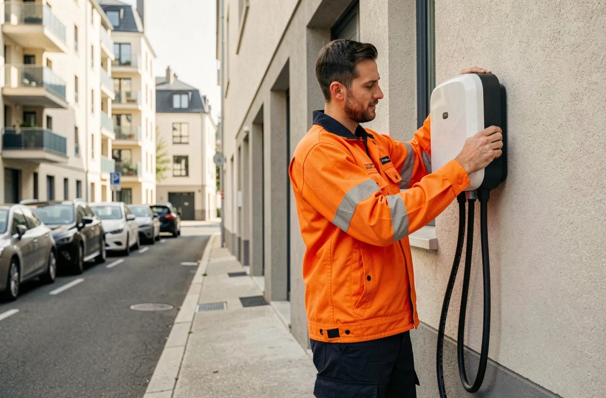 &Eacute;lectricien de Foxelec installant une borne de recharge pour v&eacute;hicule &eacute;lectrique sur un immeuble r&eacute;sidentiel &agrave; Argenteuil