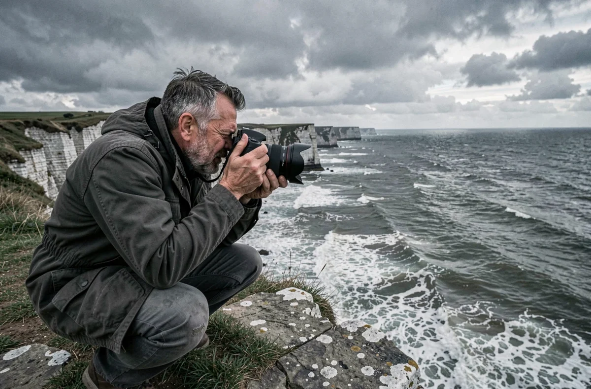 Photographe Fred Hermand au bord d'une falaise normande réalisant un cliché de paysage côtier dramatique
