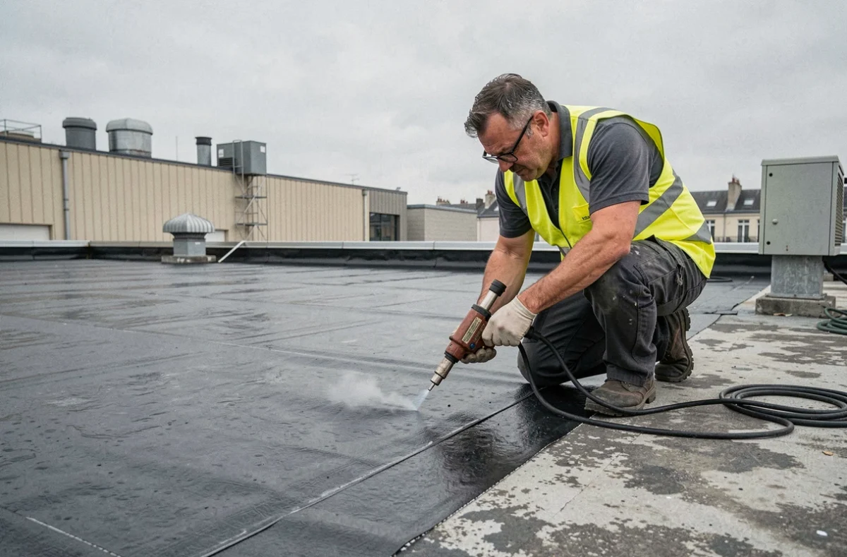 Spécialiste de Full Couverture appliquant une membrane d'étanchéité sur une toiture plate