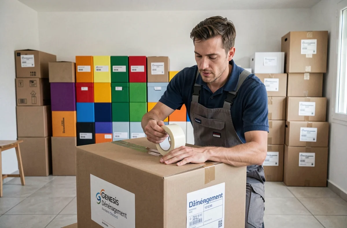 Professionnel Genesis Déménagement scellant des cartons organisés dans une maison à Montpellier