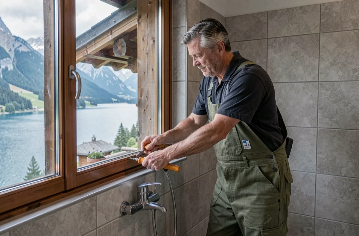 Plombier Genevois Plomberie installant un &eacute;quipement sanitaire dans un chalet de Haute-Savoie avec vue sur le lac
