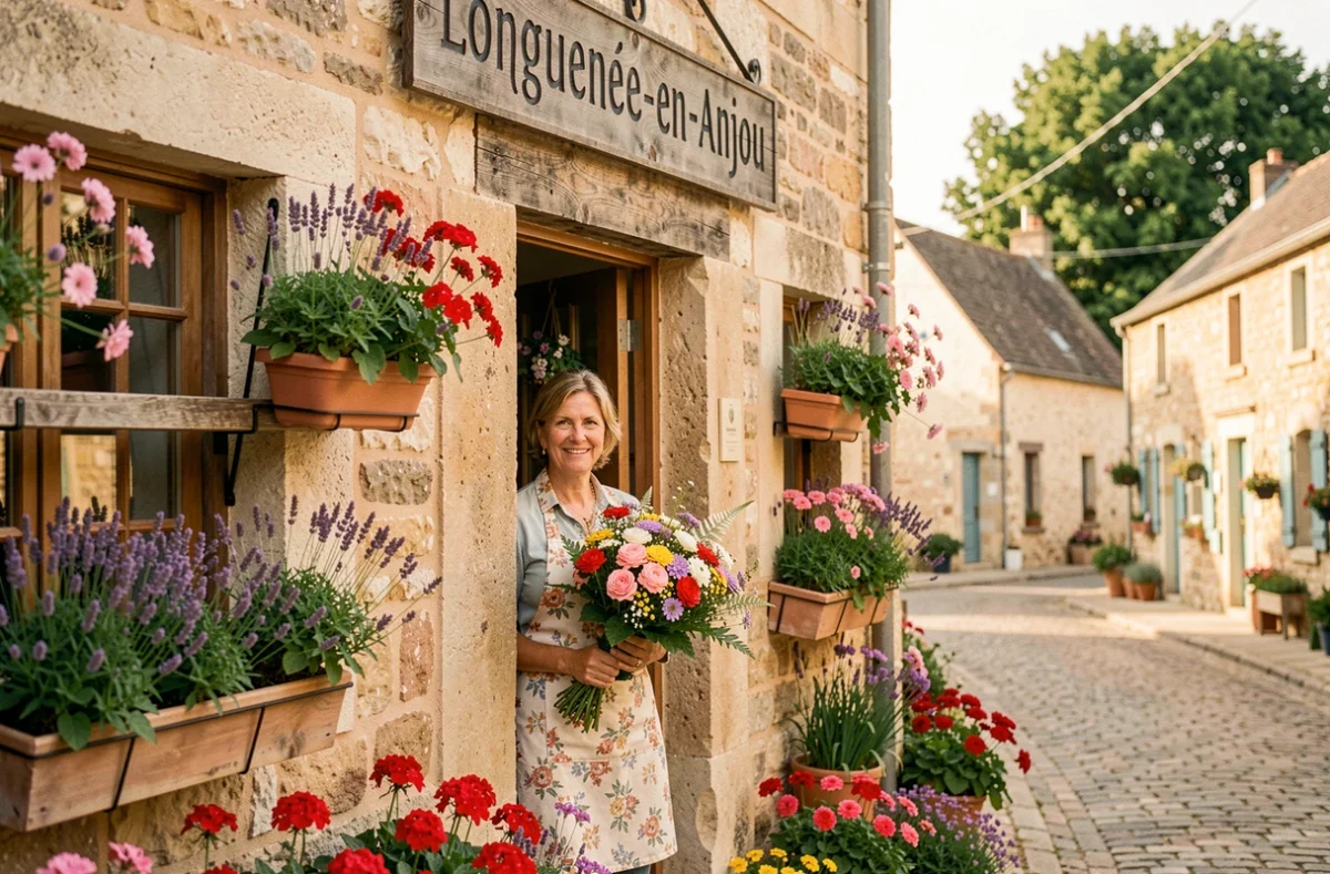 Extérieur de la boutique Genny's Flowers à Longuenée-en-Anjou avec une fleuriste souriante tenant un bouquet champêtre devant l'entrée fleurie