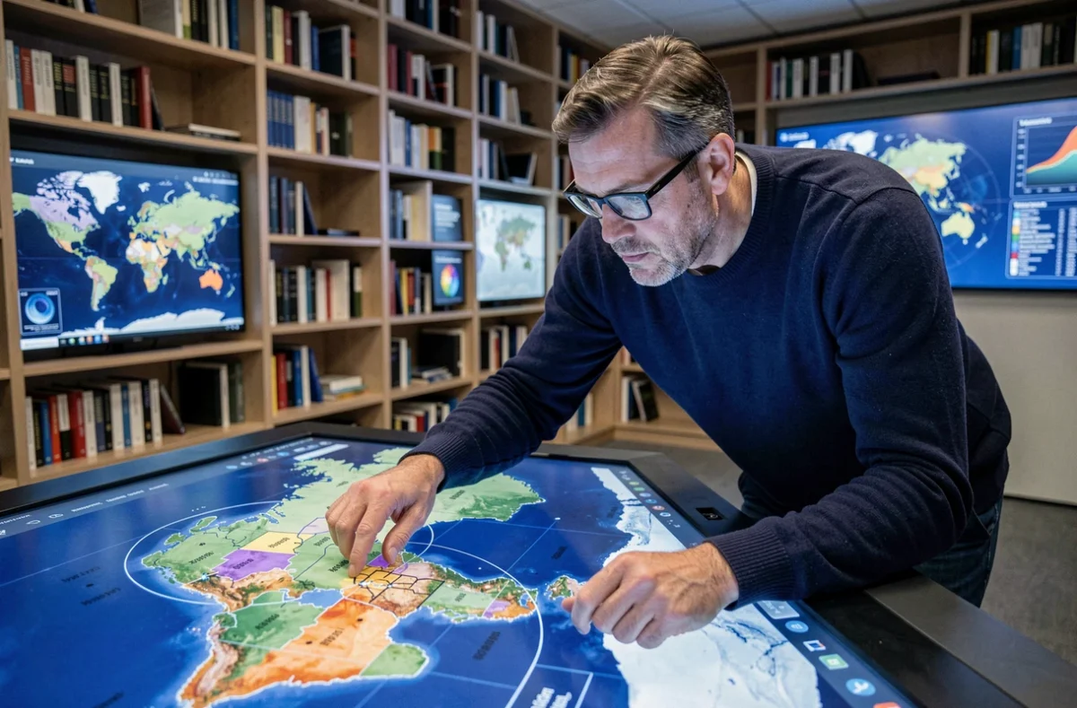 G&eacute;ographe analysant une carte interactive mondiale avec zones maritimes et polaires dans un institut de recherche pour d&eacute;terminer le pays le plus grand au monde
