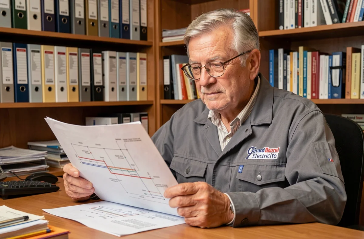 &Eacute;lectricien exp&eacute;riment&eacute; G&eacute;rard Bourrel &Eacute;lectricit&eacute; r&eacute;visant des sch&eacute;mas &eacute;lectriques dans son bureau professionnel &agrave; Montpellier