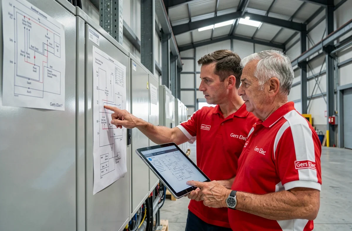 Deux &eacute;lectriciens de Gers Elec travaillant sur un tableau &eacute;lectrique industriel dans un entrep&ocirc;t pr&egrave;s d'Auch