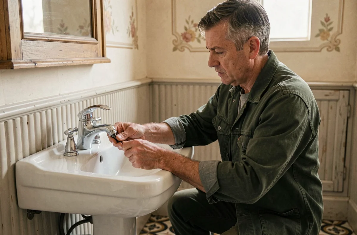 Artisan plombier Gilles Plomberie &agrave; La Roche-sur-Yon installant un robinet chrom&eacute; sur un lavabo &agrave; colonne dans une salle de bain ancienne