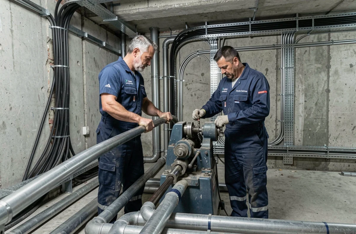 Deux techniciens de Girard And Co SARL collaborant sur une installation multi-services de plomberie en Essonne