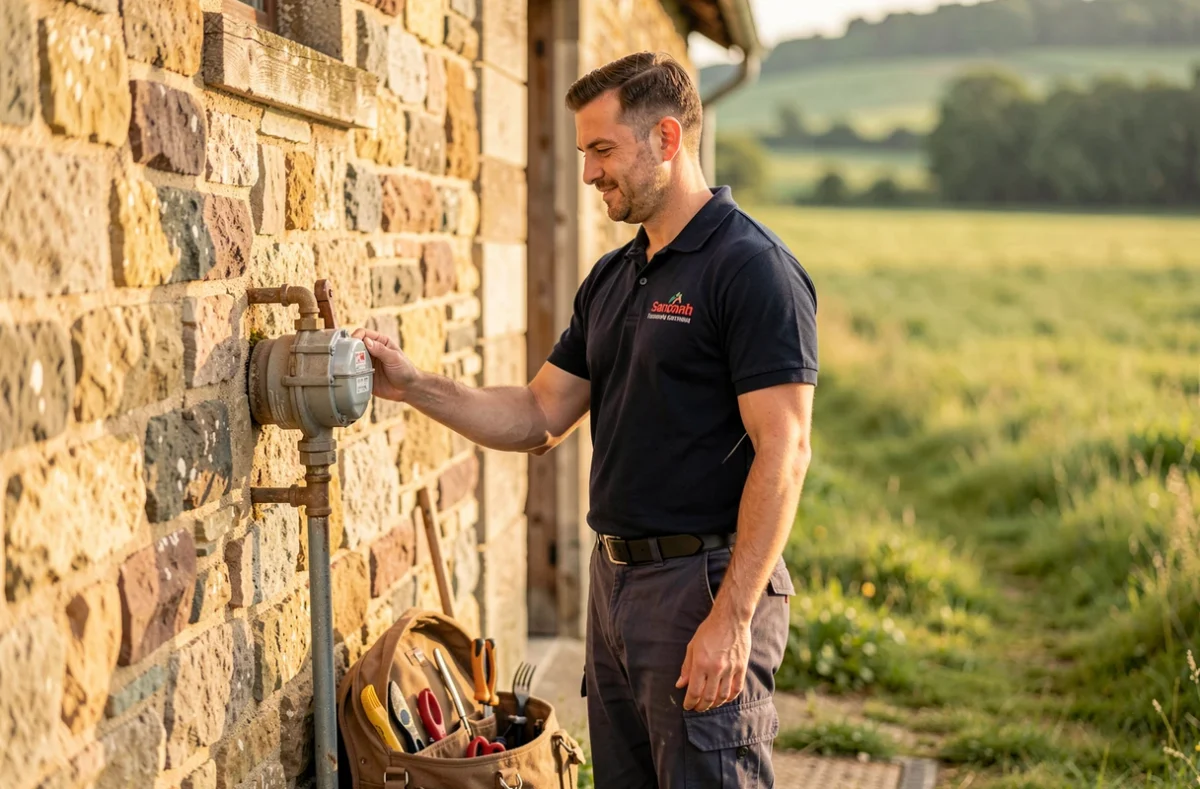 Greg le Plombier inspectant un compteur d'eau sur le mur ext&eacute;rieur d'une ferme en pierre en Auvergne