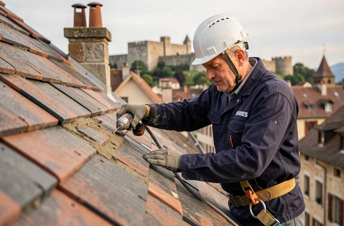Couvreur de Grenoble Toiture Services fixant des fa&icirc;ti&egrave;res sur une toiture avec la Bastille visible en arri&egrave;re-plan
