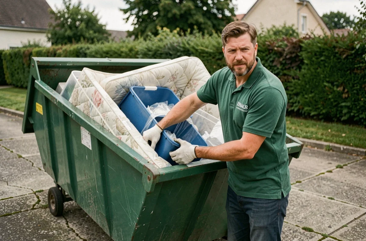 Employ&eacute; Grokosto chargeant des matelas et bacs plastiques dans une benne de chantier en banlieue