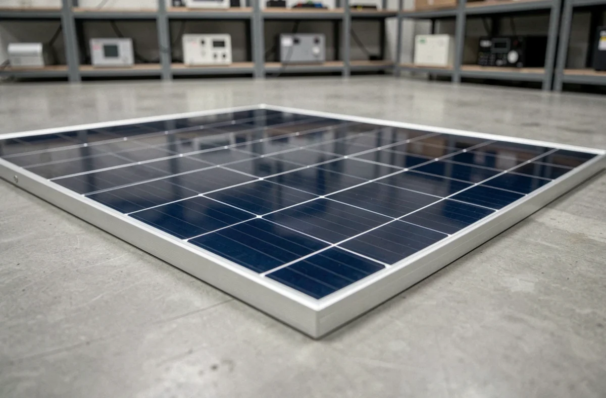 Gros plan sur les cellules photovoltaïques d'un panneau solaire fabriqué en France, montrant les busbars en argent et le silicium monocristallin