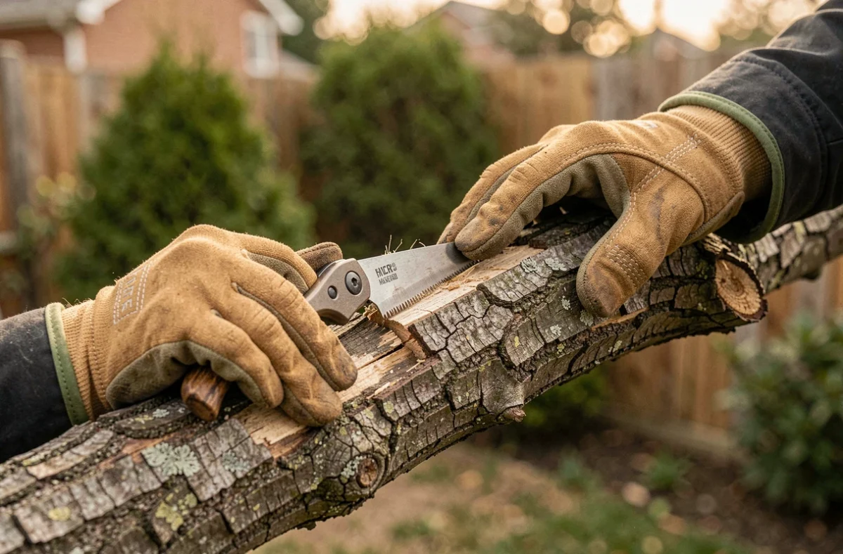 Gros plan sur des mains gantées d'un élagueur inspectant une branche fissurée avec une scie de poche professionnelle