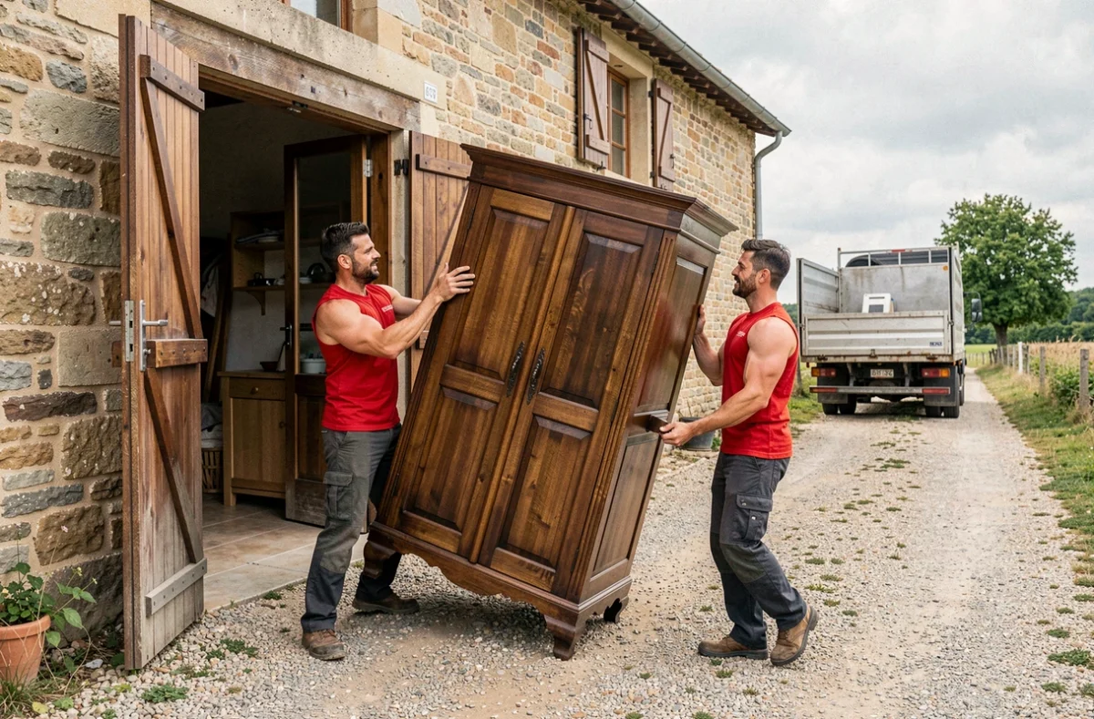 Deux d&eacute;m&eacute;nageurs GrosBras extrayant une armoire ancienne d'une maison en pierre en Essonne