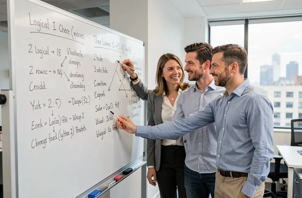 Groupe de collègues cherchant ensemble la réponse à une devinette logique difficile devant un tableau blanc en bureau moderne