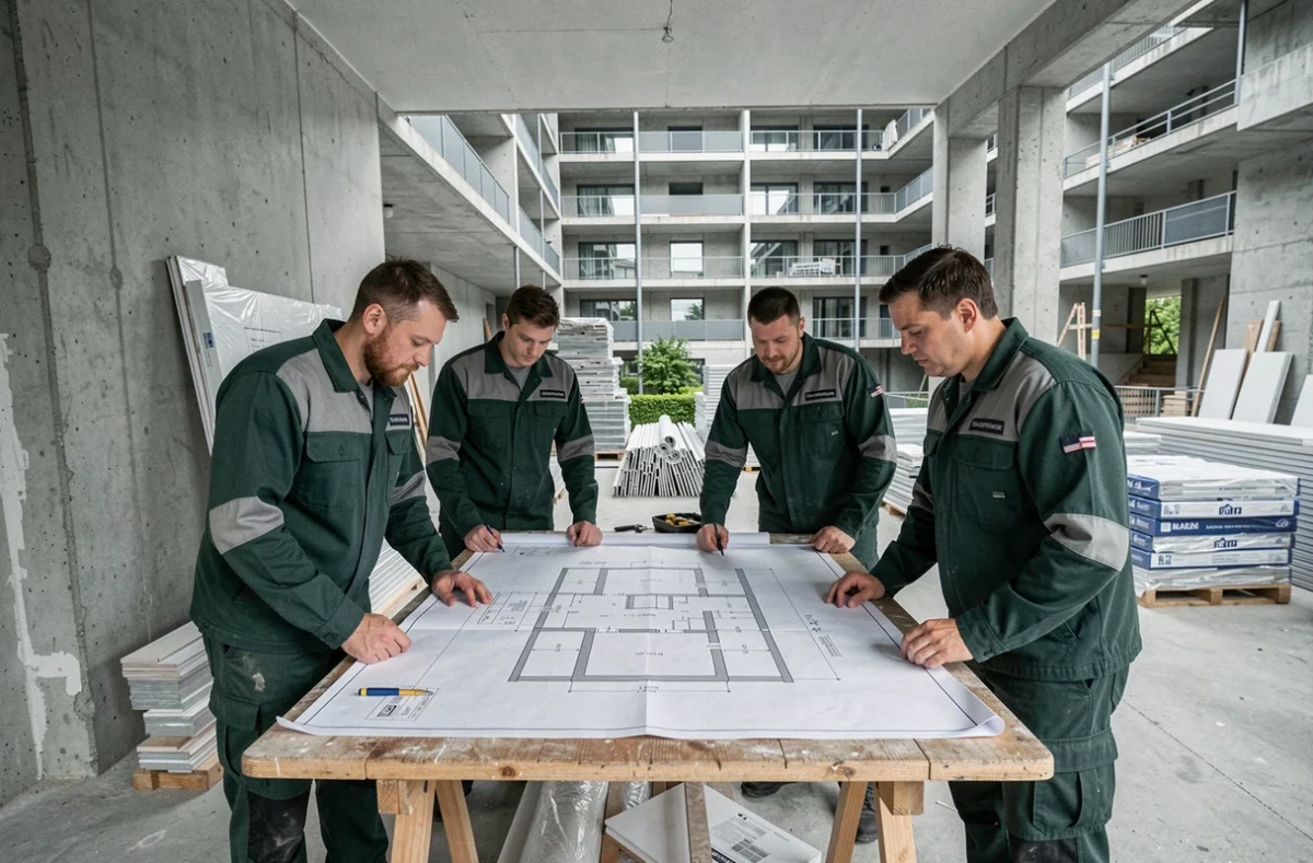Équipe du Groupe EPF Entreprise de Rénovation 92 Paris consultant des plans sur un grand chantier de rénovation résidentielle en banlieue parisienne