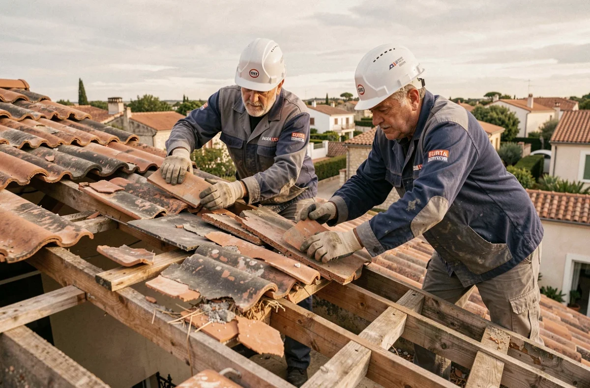Équipe de couvreurs professionnels déposant les anciennes tuiles lors d'une rénovation de toiture à Montpellier