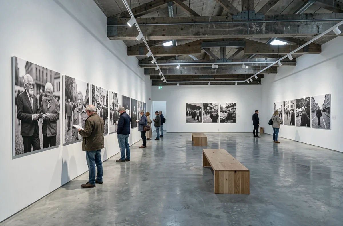 Exposition de photographies documentaires grand format sur les murs d'une galerie contemporaine à Rennes, illustrant le travail de Guillaume Herbaut photographe d'auteur