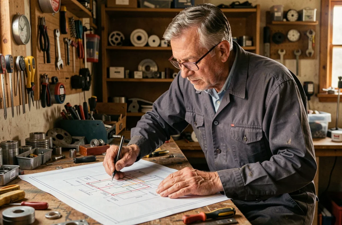 &Eacute;lectricien artisan Guitard Eric &eacute;tudiant un sch&eacute;ma &eacute;lectrique dans son atelier