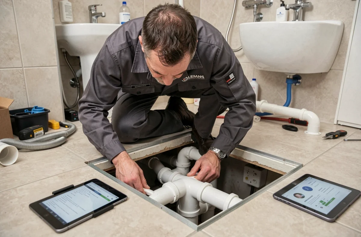 Sp&eacute;cialiste Hanotaux Plomberie au Mans inspectant un r&eacute;seau de canalisations PVC sous le plancher d'une salle de bain