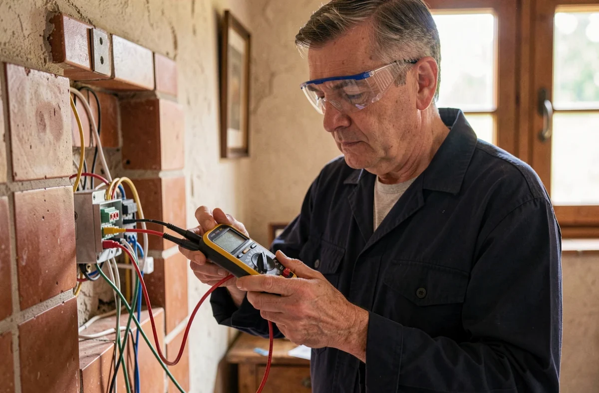 Technicien Herellier Darnat &Eacute;lectricit&eacute; testant un circuit avec un multim&egrave;tre dans une maison ard&eacute;choise