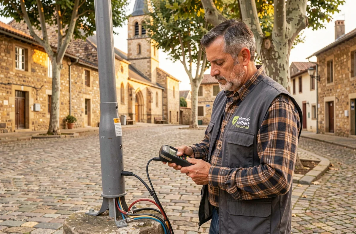 &Eacute;lectricien d'Herv&eacute; Gilbert &Eacute;lectricit&eacute; inspectant un lampadaire dans une place de village gascon dans le Gers