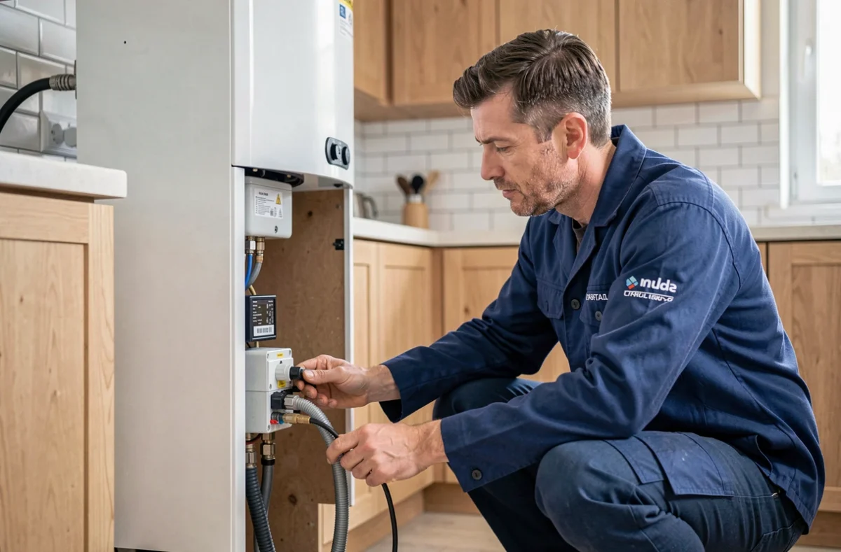 Technicien de Home Electr'eau raccordant un chauffe-eau &eacute;lectrique dans une cuisine moderne