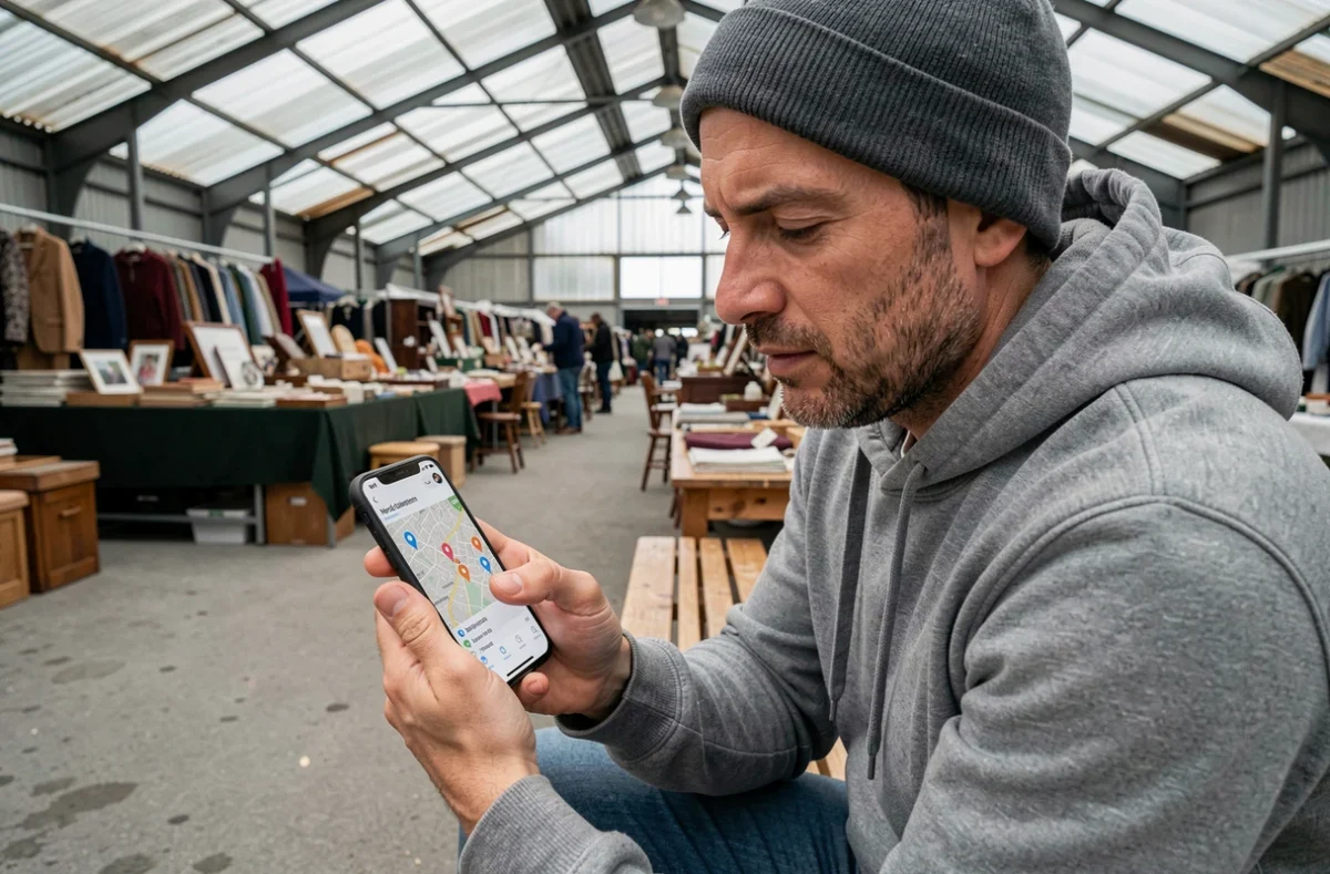 Homme consultant une application mobile de géolocalisation de braderies et brocantes dans le Nord sur son smartphone dans un marché couvert