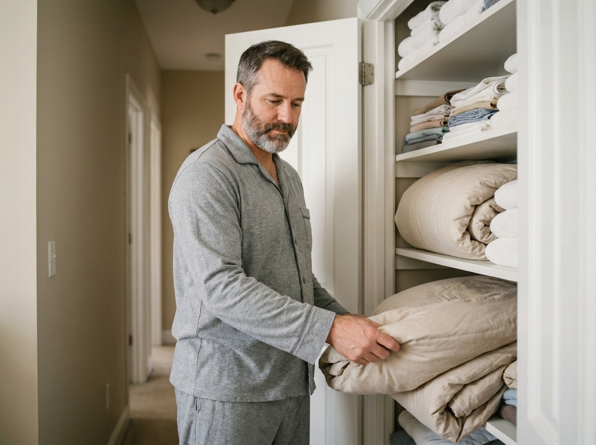 Homme en pyjama gris inspectant des couettes pliées dans un placard à linge ouvert
