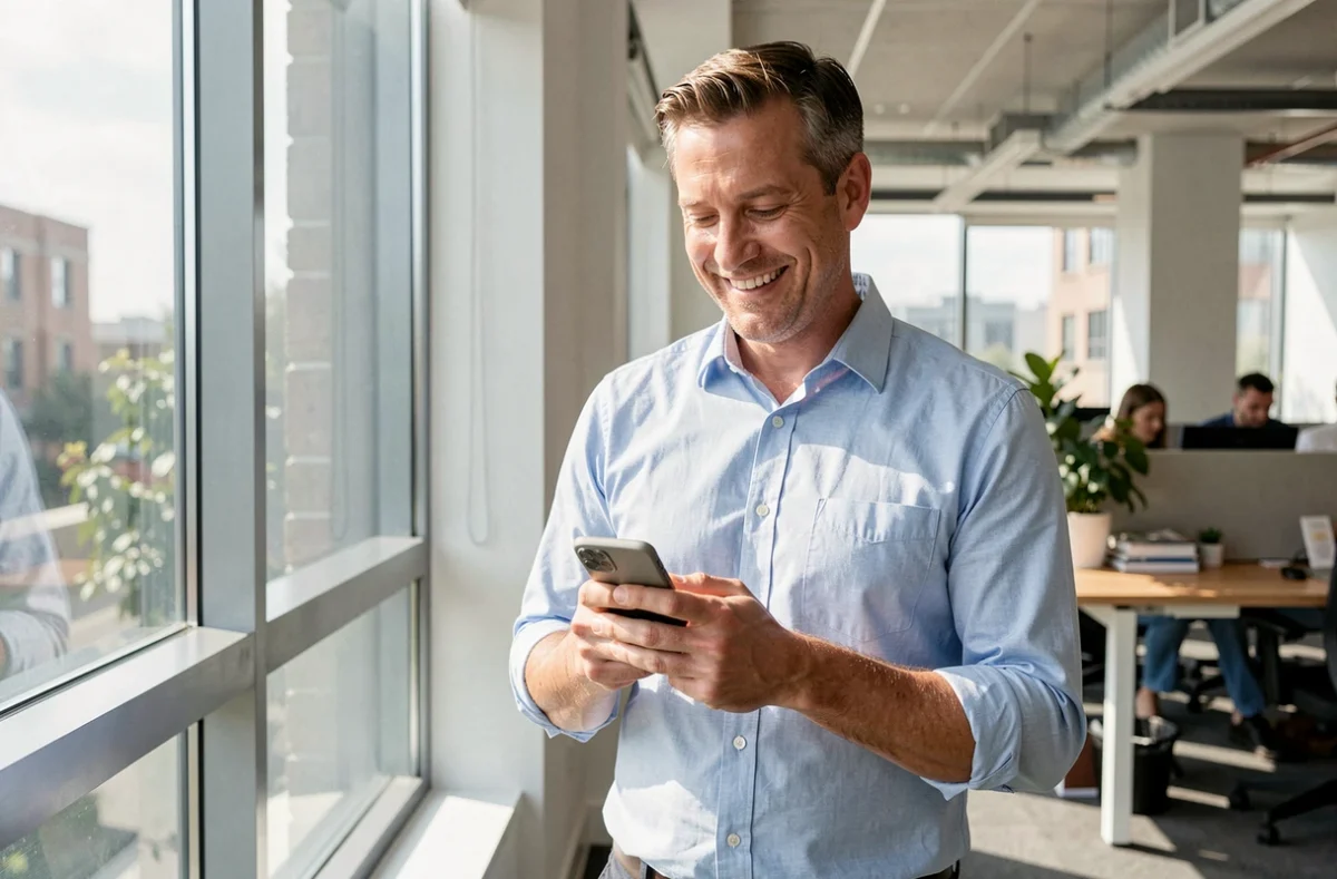 Homme souriant consultant des citations motivantes sur son téléphone au bureau