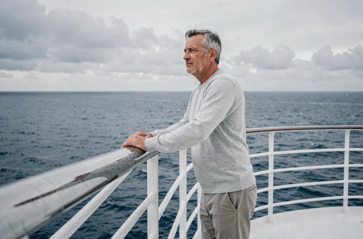 Homme contemplatif &agrave; la proue d'un paquebot de croisi&egrave;re regardant l'horizon