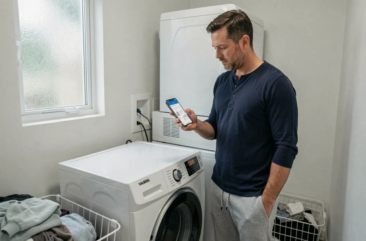 Homme consultant la notice num&eacute;rique VALBERG sur smartphone pour r&eacute;gler sa machine &agrave; laver dans un appartement