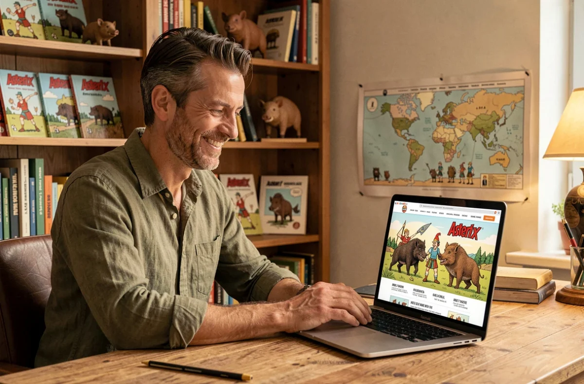 Homme fran&ccedil;ais consultant le site Sanglier Danger inspir&eacute; d'Ast&eacute;rix sur son ordinateur portable dans un bureau d&eacute;cor&eacute; de figurines de sangliers