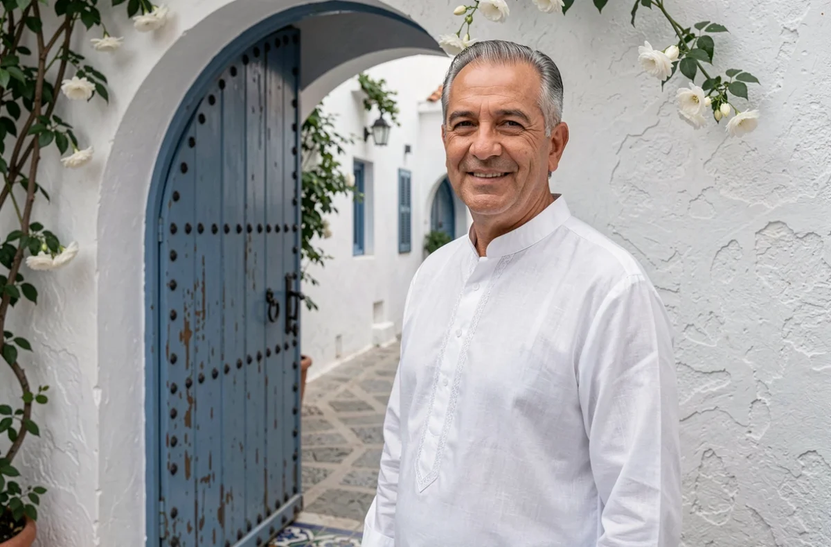 Homme tunisien en gandoura blanche souhaitant Saha Ftourek devant une porte traditionnelle bleue d'un riad