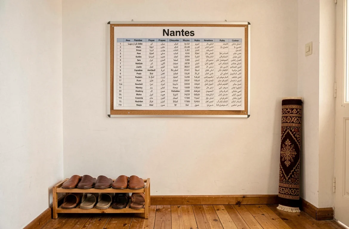 Tableau d'affichage des horaires de pri&egrave;re en fran&ccedil;ais et arabe dans un centre islamique &agrave; Nantes