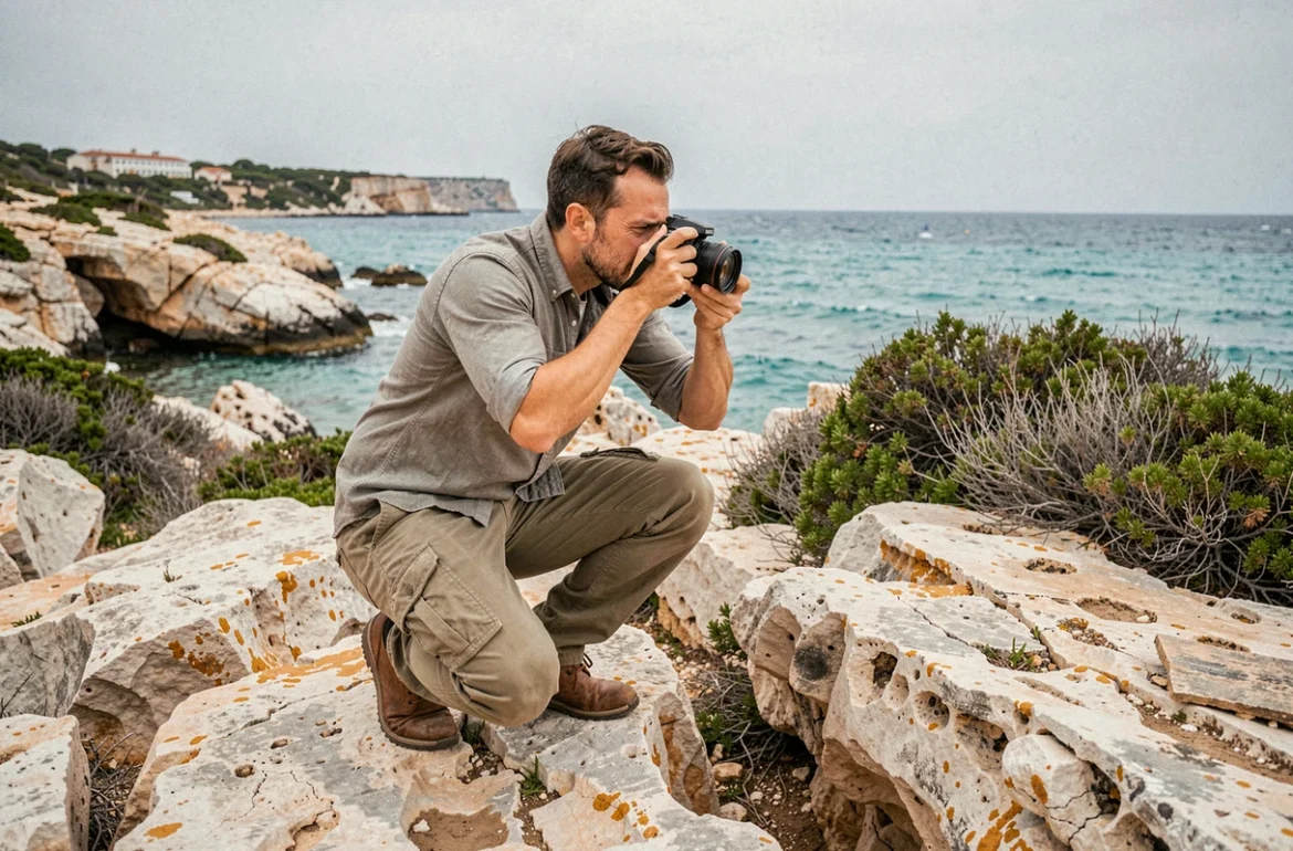 IBelhange Photo, photographe freelance en action sur les rochers côtiers près de Toulon, appareil photo à l'œil